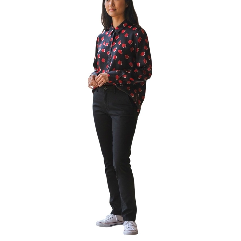 Chico's Black Red Heart Print Button Down Shirt Top Chico's‎ Size 2-Large